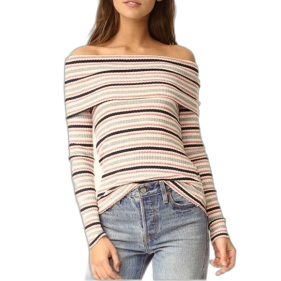 Splendid NWTs Ivory Pink Black Striped Off the Shoulder Sweater Tunic Top Size M - Picture 1 of 9